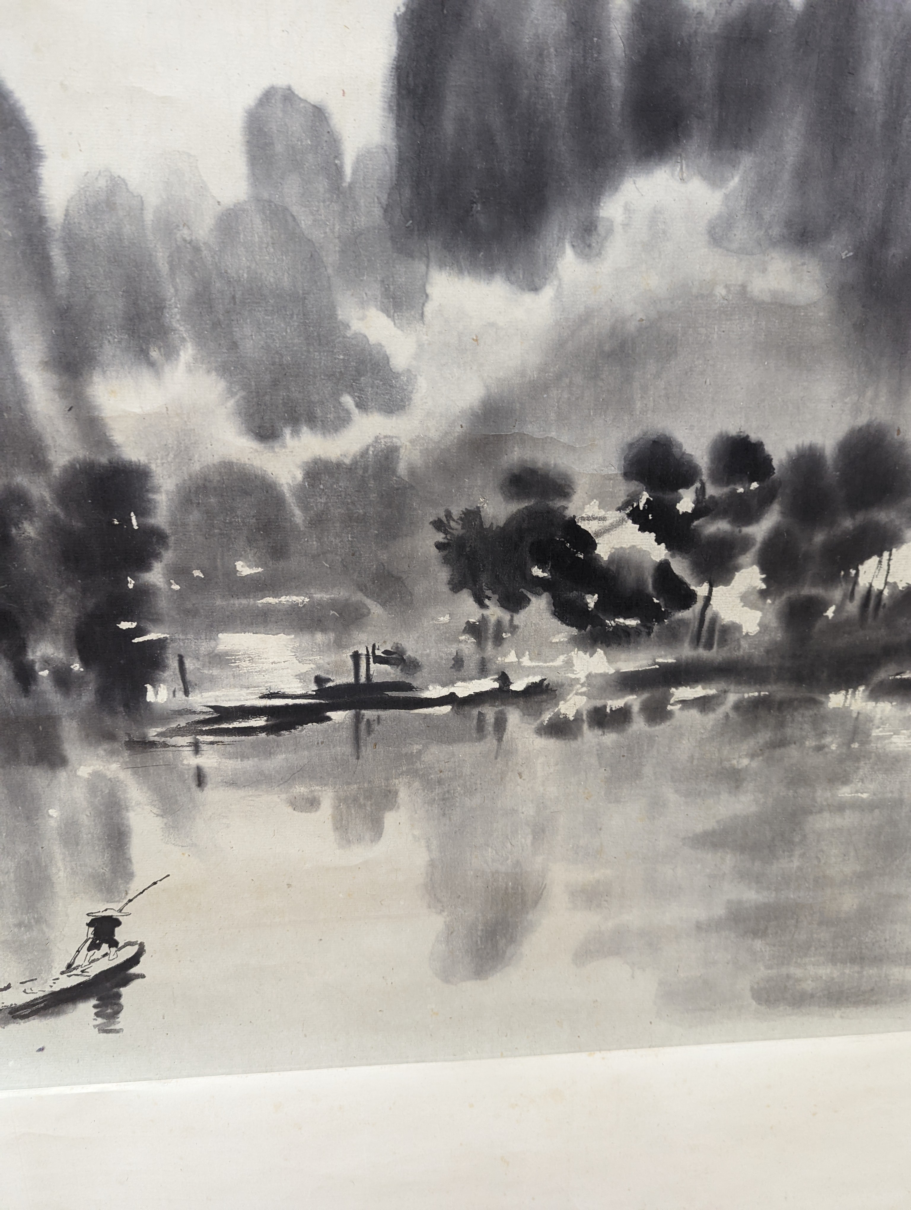 Two mid 20th century Japanese watercolour on paper scroll paintings, Boatman in a landscape, 79.5 x 113cm, and Cormorants on a bank, 103 x 106cm